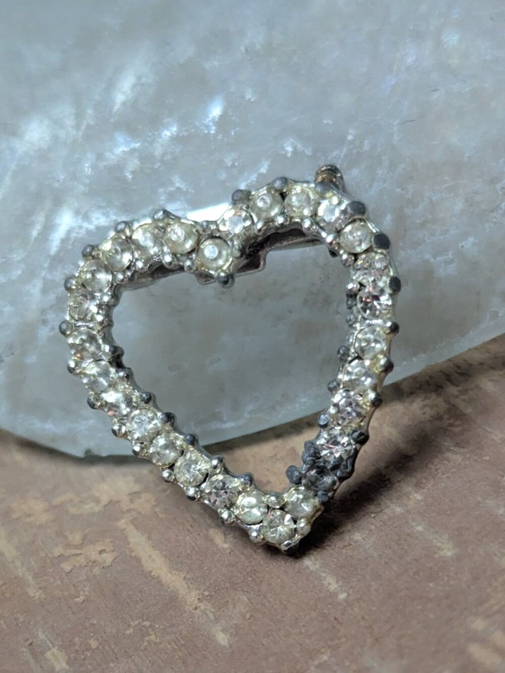 Vintage Rhinestone Heart Pin Brooch silver tone Circa 1960s Prong Set